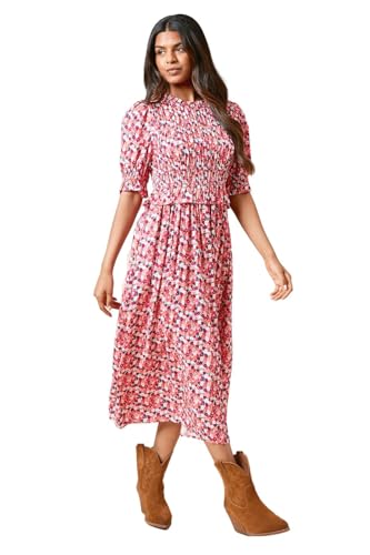 Dorothy Perkins Petite Floral Shirred Bodice Puff Sleeve Midi Dress, 6, Pink