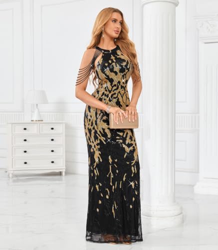 Image of Cololura Women Sequin Halter Tassel Mermaid Formal Maxi Dress Evening Gown