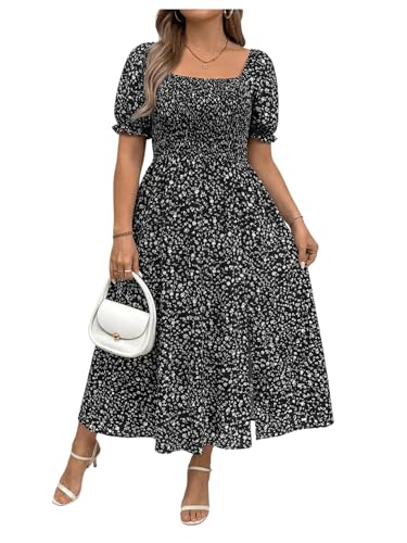 Image of Verdusa Women's Plus Size Boho Floral Long Dress Square Neck Shirred Flowy Wedding Guest Dresses