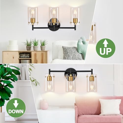 Image of Indoi Bathroom Light Fixtures, 3-Light Black and Gold Vanity Light, Black Bathroom Lights Over Mirror with Clear Glass Shade for Mirror Bedroom Living Room (Pack of 2)