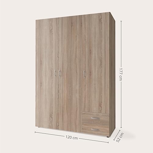 Stella Trading BASE Zeitloser Kleiderschrank in drei verschiedenen Größen - Vielseitiger Drehtürenschrank in Eiche Sonoma Optik - 120 x 177 x 52 cm (B/H/T)
