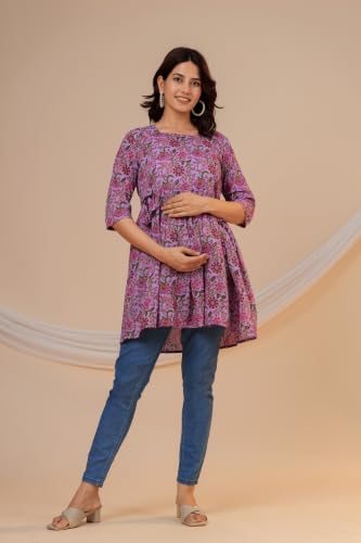 Image of THE Moon Star Women's Cotton Floral Printed Anarkali Maternity Feeding Kurti | Breastfeeding Dress for Mothers | Zipper Feeding Kurti, Nursing Kurti, Comfortable and Trendy Maternity Wear