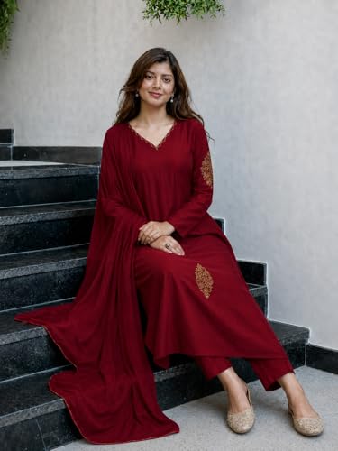 Image of ANNI Designer Kurta Set for Women Viscose Embroidered | A-Line Kurta Pant Dupatta Set for Woman | Long Sleeve V-Neck Stylish Ethnic 3 Piece Outfit Trendy Women Clothing