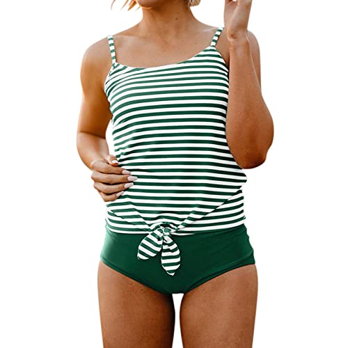 Tankini vert rayé femme avec bretelles fendues ajustables et nœud chic pour sublimer la silhouette