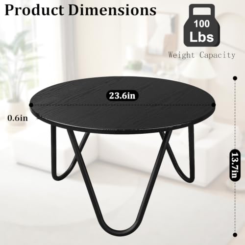 Image of Round Coffee Table Black Wooden Coffee Tables for Living Room Mid-Century Modern Center Table Wood Grain Desktop and Metal Legs Easy to Assemble