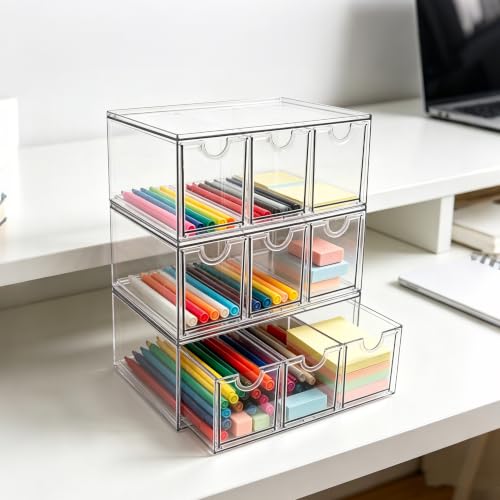 Image of Prsildan Craft Art Supply Organizer Stackable Storage Drawer with 9 Drawers | Clear Acrylic, Tea Bag K Cup Organizer, for Kitchen Office Desk Vanity Makeup Organizer, 3 Pack