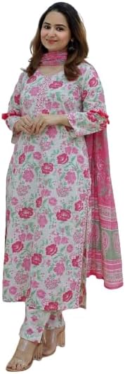 Indian desigener Cotton pink v neck straight cut kurti and afghani pant(salwar) with dupatta set casual wear kurti