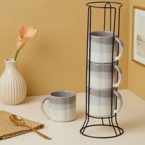 Image of The Earth Store Metallic Grey Frontier Premium Ceramic Tea Cup Set of 4, 200 ML | Microwave and Dishwasher Safe Space Saver Tea Cup with Stand | Coffee Cups for Gifting & Office Use, Every Occasion