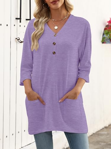 Chulianyouhuo Tunic Tops to Wear with Leggings Womens 3/4 Sleeve Casual Long Shirt Button V Neck Loose Outfits(Purple XL) — view 2
