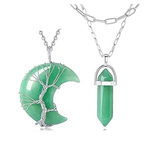 XIANNVXI Green Aventurine Tree of Life Wire Wrapped Crescent Moon Pendant Necklace Green Aventurine Layered Point Necklace