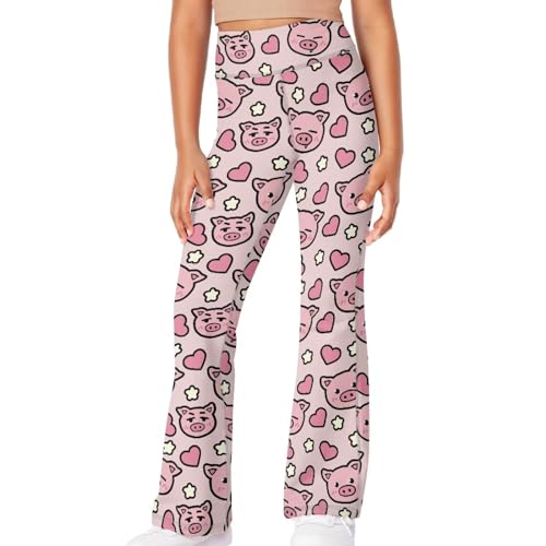 AmzPrint Girls Hippie Pants Wide Leg Bell Bottom Cute Cartoon Piggy Pig Print Pink Flare Leggings for Girls 12-14