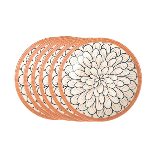 Image of Lellow Ceramic Dinner Plate Set of 6 | Petal Pattern with Orange Rim | Microwave Safe | Dishwasher Safe | Food Grade Glazed Ceramic | Modern Dining Plates for Daily Use