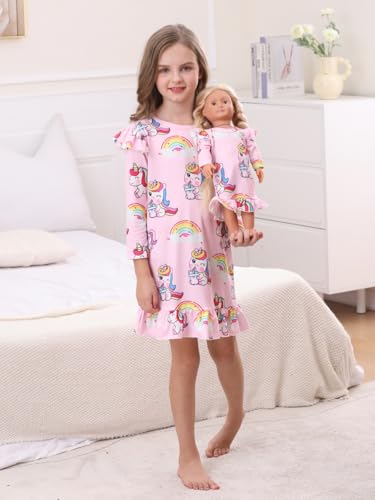 Bow Dream 2 Pcs Toddler Girl Dress Cute and Matching American Girl Doll Clothes Accessories for Girls Dresses Pink Unicorn3