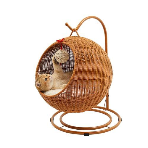 Katzenschaukel - Hängesessel für Katzen, KatzenhäNgematte, Rattan äHnliche HäNgekorb-KatzenhöHle, Freistehend, 7,5 Kg Lasten Kratzposten Weichem Kissen, Platzsparend, für Wohnzimmer/Balkon (Gelbbraun)