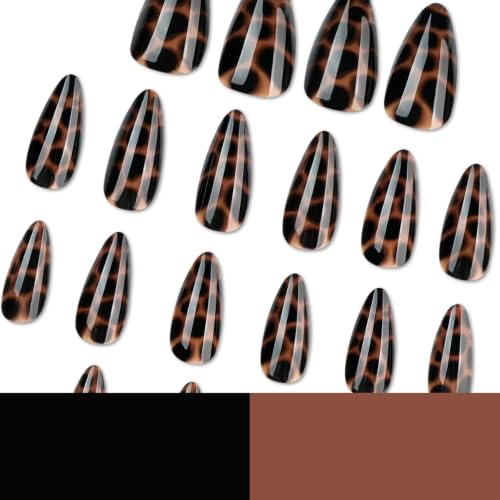Image of Medium Almond Press on Nails Full Tortoise Shell Amber Fake Nails for Women