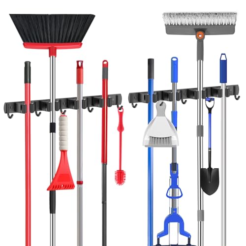 nacena Broom holder Wall Mount, 2-Pack Black Stainless Steel Self-Adhesive Mop and Broom Hooks Heavy Duty Broom and Mop Storage Rack laundry room organization for Kitchen Garden garage