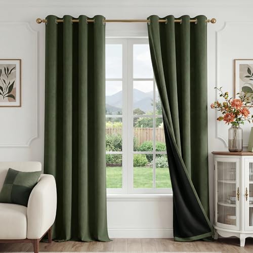 Image of FMFUNCTEX 100% Blackout Curtains for Bedroom, Olive Green Curtains 84 Inches Long Textured Thermal Insulated Curtains for Living Room Drapes, Black Out Drapery Grommet Room Darkening 2 Panels