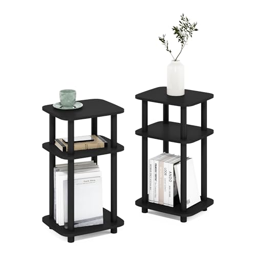 Image of Furinno JUST 3-Tier Telephone Table Set of 2, Turn-N-Tube Toolless Side Table with Open Shelf, Round Curve Corner Night Stand, Bedside Table, for Living Room, Bedroom, Americano