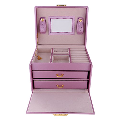 barenx Caixa de jóias grande de couro sintético de 3 camadas, organizador de armazenamento, cor roxa