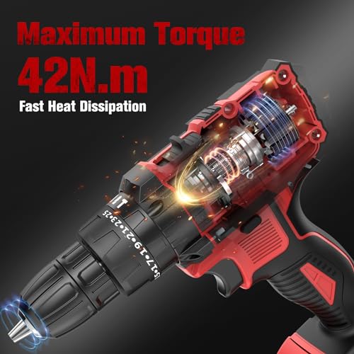 Cordless Drill Driver 21V, Cordless Hammer Drill with Battery 2000mAh, 25+3 T...