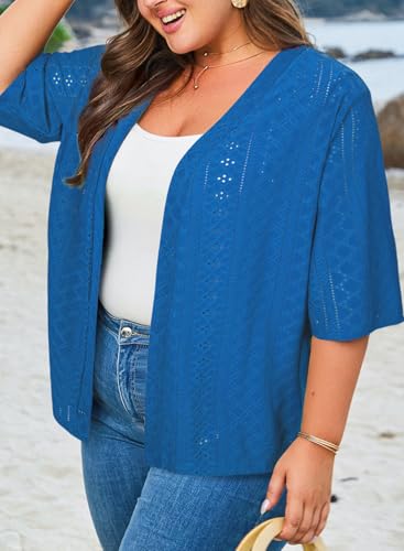 Image of Eytino Plus Size Cardigan for Women Half Sleeve Knitted Jacquard Summer Kimono Cover up Tops(1X-5X)