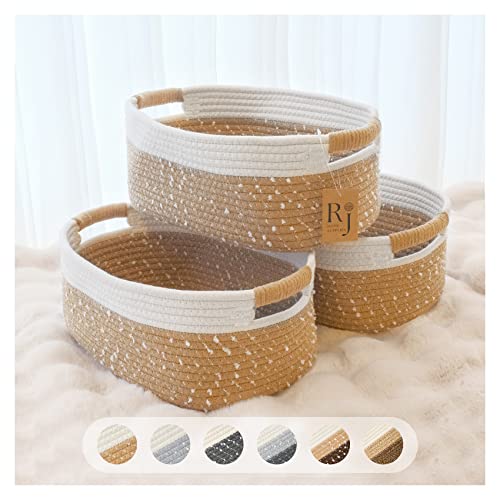 Woven Baskets For Storage Set Of 3, Cotton Rope Basket For Organizing With Handles, Decorative Storage Baskets For Shelves, Toy Baskets, Soft Baby Basket For Nursery - Yellow & White #TOP30