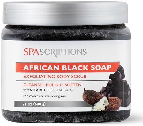 SpaScriptions African Black Soap Sugar Scrub - Detoxifying Body Scrub Exfoliator with Shea Butter & Charcoal, Ideal for Oily or Congested Skin, Supports Deep Pore Cleansing & Clarifying Skin, 21 oz