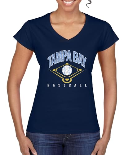 American Baseball Fan Tampa Bay Shirt – Vintage Distressed Field Sports Tee, Retro USA Game Day Women’s Standard V-Neck Tee, Navy, X-Large