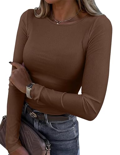 Zeagoo Fall Clothes for Women Long Sleeve Scoop Neck Tshirt Basic Workout Crop Top Tight Plain Undershirt Outfits Brown