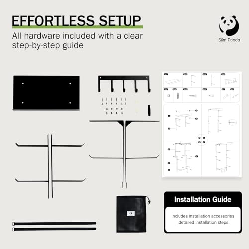 Slim Panda Yoga Mat Holder Wall Mount With Mesh Bag,Yoga Accessories Storage Rack,Home Gym Organizer with Metal Floating Shelf & 5 Hooks for Hanging Yoga Mats, Foam Roller, Resistance Bands
