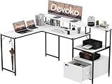 Photo Gallery devoko scrivania ad angolo reversibile 170 x 120 cm, scrivania a forma di l con cassetto tavolo ad angolo con presa di corrente e porta di ricarica usb, con supporto per monitor bianca