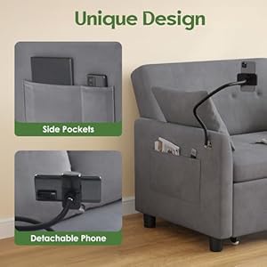 Sleeper sofa bed 3 in 1 convertible sleeper couch bed pull out small loveseat sleeper sofa futon sofa bed full size 46 velvet love seat with pillow and phone holder for living room grey  urban country home decor