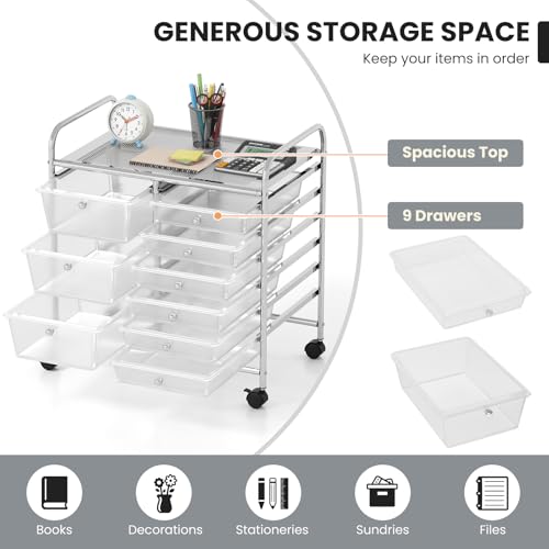 Image of LDAILY 9 Drawer Rolling Storage Cart, Rolling Cart with Drawers for Classroom, Art Supply Craft Organizer on Wheel with Metal Frame & Handles for Home Office School