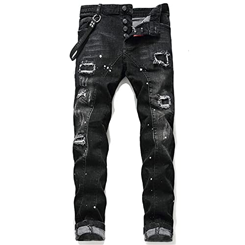 Men's Ripped Slim Fit Cozy Jeans Printed Pattern Biker Jean Trousers Fit Skinny Destroyed Distressed Tapered Leg Denim Pants (Black,34)