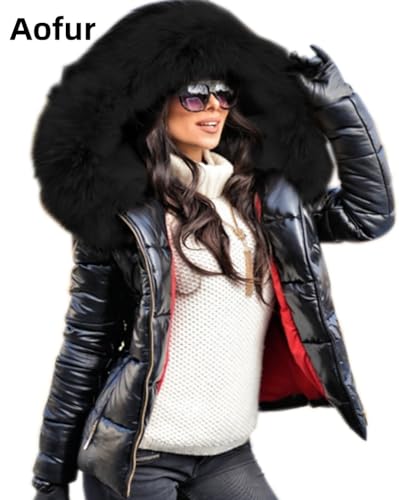 Aofur Womens Ladies Quilted Winter Coat Fur Collar Hooded Down Jacket Parka Outerwear2