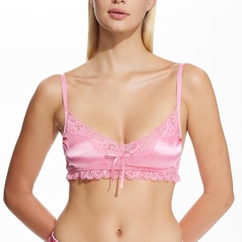 Cute and Spicy Lily Satin Bralette Women's Lingerie Wireless Bra Frilly Silky Brallete (US, Alpha, Medium, Regular, Regular, Pink) Cover