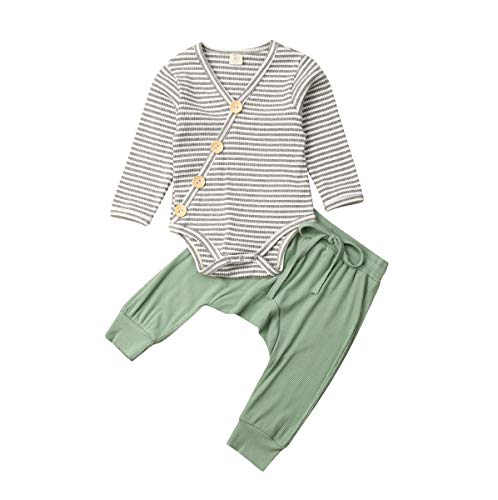 0-18M Unisex Baby Girls & Boys Pajamas Set, Infant Rib Knit Romper Top and Pants Sleepwear Pjs 2Pcs Set (Striped Top Green Pants, 6-12 Months)