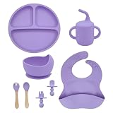 Kit 8 Peças Talheres de Silicone para Alimentação de Bebê com Ventosa, Canudo, Colher, Garfo e Babador, Utensílios Seguros para Crianças a Partir de 3 Meses(8pcs/Roxo)