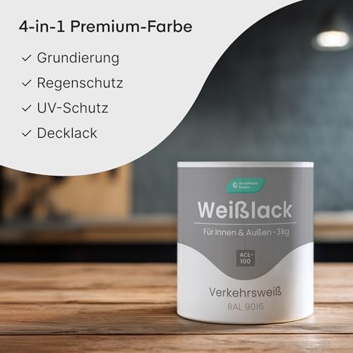 GRUNDMANN Weisslack – 3 Kg – Seidenmatt RAL 9016-3in1 Grundierung & Farbe – Premium Weißlack – Hohe Beständigkeit & Deckkraft – Alle Oberflächen – Türlack, Fensterfarbe, Dispersionsfarbe - 3