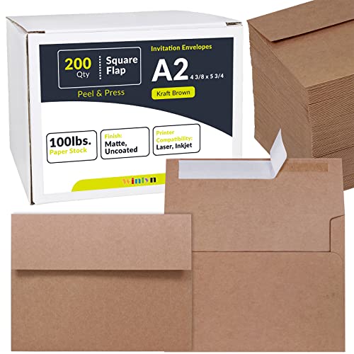 200 Pcs A2 Invitation Envelopes in Kraft Brown Peel & Press Self Seal 4 3/8 x 5 3/4 Square Flap Envelopes RSVP Return Envelopes 100lb. for Announcement Mailing 4x5 Greeting Cards Photo 1/4 Fold Cards