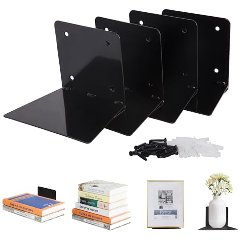 STORAGE MANIAC Floating Book Shelves for Wall Mounted Invisible Floating Bookshelves Heavy-Duty Steel Hidden Bookshelf Hanging Bookshelves for Bedroom Living Room Office, Black 4-Pack Large