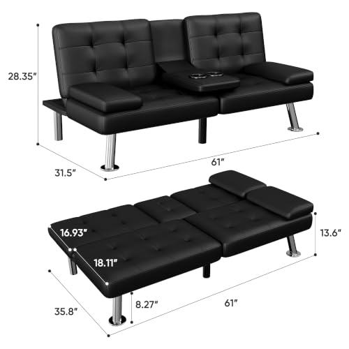 Image of Flamaker Futon Sofa Bed, Black Faux Leather Convertible Loveseat Couch
