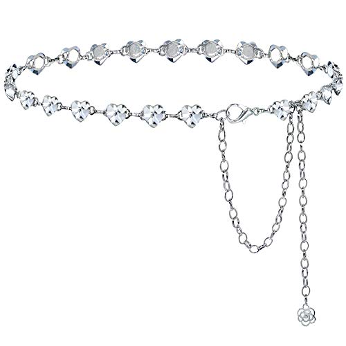Glamorstar Rhinestone Chain Belts for Women Girls Heart Crystal Waist Belt for Dresses Silver 120CM/47.2IN