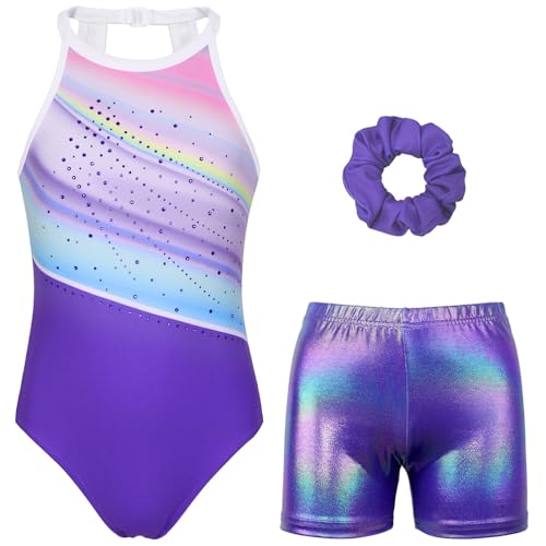 Gymnastics Leotards for Girls With Shorts Sparkly Ballet Dance Clasp Back Activewear Multiple Purple Set 10-11 Years