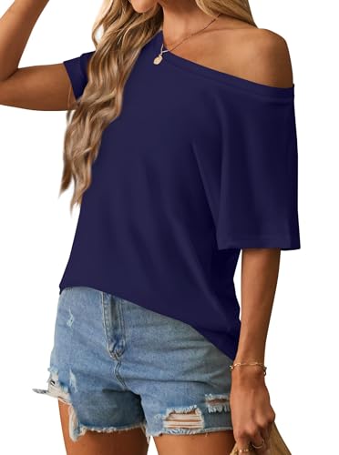 Image of Hilinker Womens Sexy Off The Shoulder Tops Short Batwing Sleeve T Shirt Oversized Casual Tee