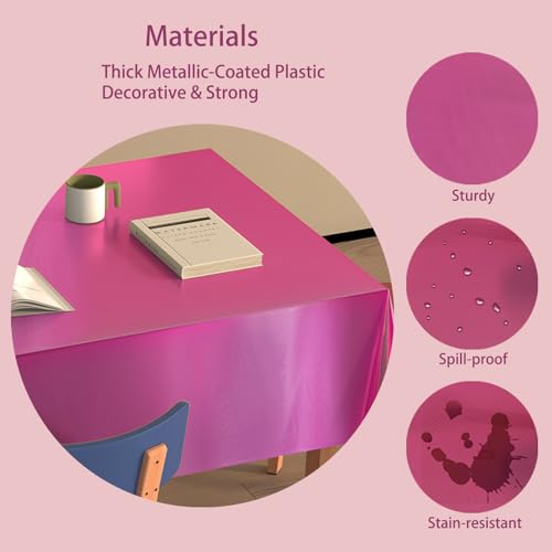 Image of 4 Pack Plastic Tablecloths Disposable Tablet Cover Pink 54 x 108 in | Foil Glitter Table Cloth for Rectangle Tables Indoor / Outdoor Party Decorations Birthday Princess Bridal Wedding Christmas