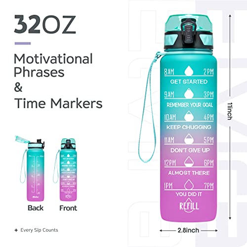 Elvira 32Oz Motivational Fitness Sports Water Bottle With Time Marker & Removable Strainer,Fast Flow,Flip Top Leakproof Durable Bpa Free Non-Toxic-Green/Purple Gradient #TOP1