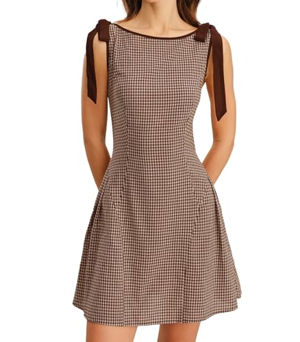Image of RIHOAS Women's Plaid Gingham Dress Summer Midi Dresses for Women 2026 | Cute,Boat Neck,Bow Tie,A line,Vintage,Sleeveless,Spring,Winter,Casual Daily,Picnic,Travel,Vacation,Christmas Festive Occasion