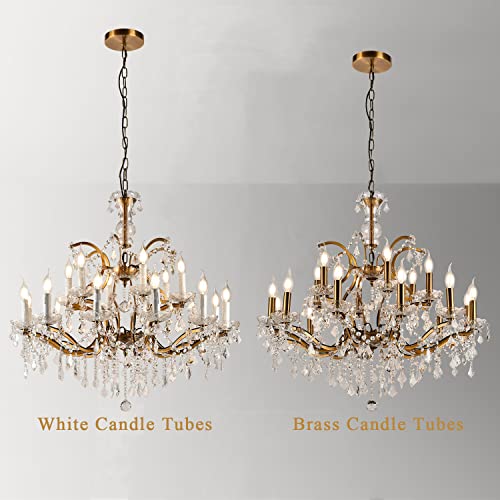Retro Farmhouse Chandelier Crystals In Brass, Modern Clear Glass Hanging Lights Fixtures, Luxury White Candle Tubes Pendant Lighting For Kitchen Island Foyer Dining Room Girl Bedroom (18-Lights) #TOP4