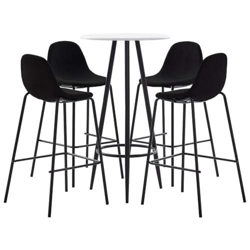 Mesa de bar con 4 taburetes de tela negra y estructura de acero para comedor